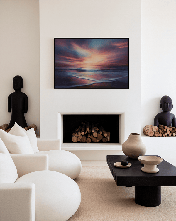 Canvas wall art of a tranquil beach at sunset in warm orange, pink, and purple tones. A calming golden hour print, ready to hang.