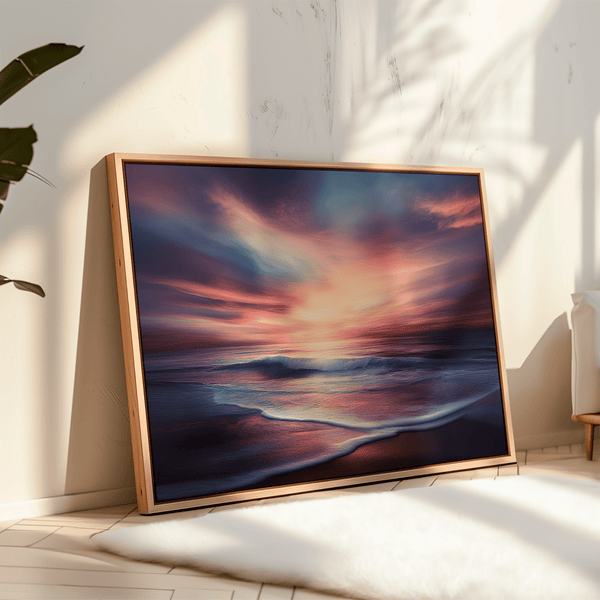 Canvas wall art of a tranquil beach at sunset in warm orange, pink, and purple tones. A calming golden hour print, ready to hang.