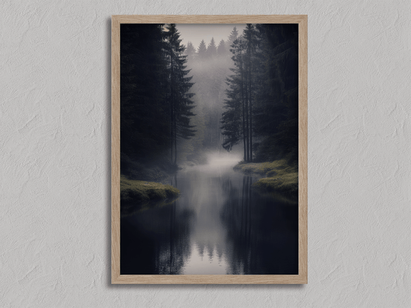 Framed wall art of a misty evergreen forest reflected on still waters. A serene, ethereal woodland print. Ready to hang.