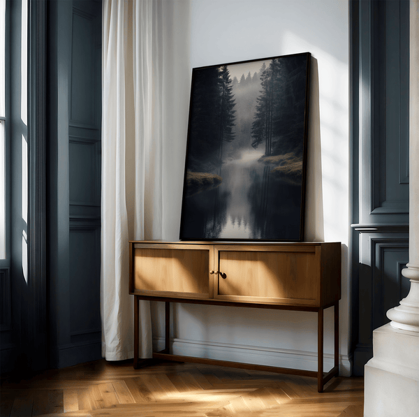 Framed wall art of a misty evergreen forest reflected on still waters. A serene, ethereal woodland print. Ready to hang.