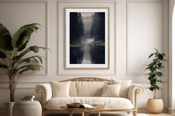 Framed wall art of a misty evergreen forest reflected on still waters. A serene, ethereal woodland print. Ready to hang.