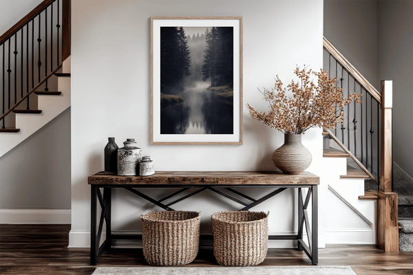 Framed wall art of a misty evergreen forest reflected on still waters. A serene, ethereal woodland print. Ready to hang.