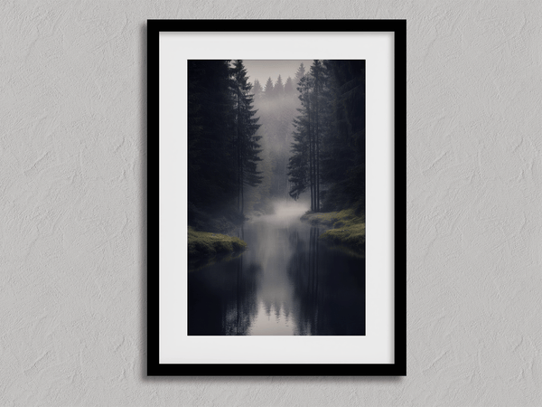 Framed wall art of a misty evergreen forest reflected on still waters. A serene, ethereal woodland print. Ready to hang.