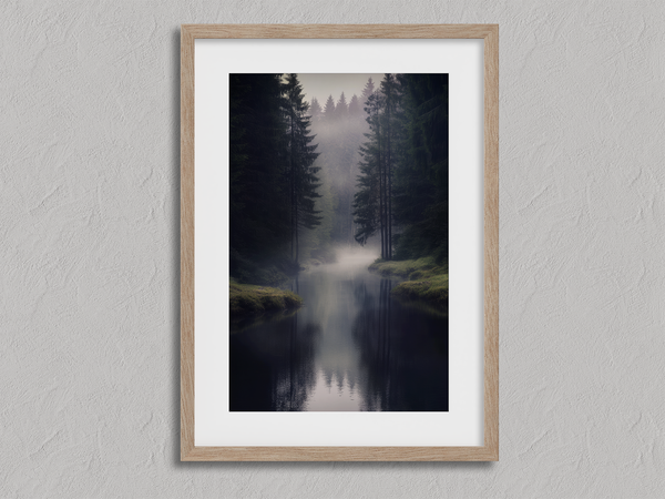 Framed wall art of a misty evergreen forest reflected on still waters. A serene, ethereal woodland print. Ready to hang.