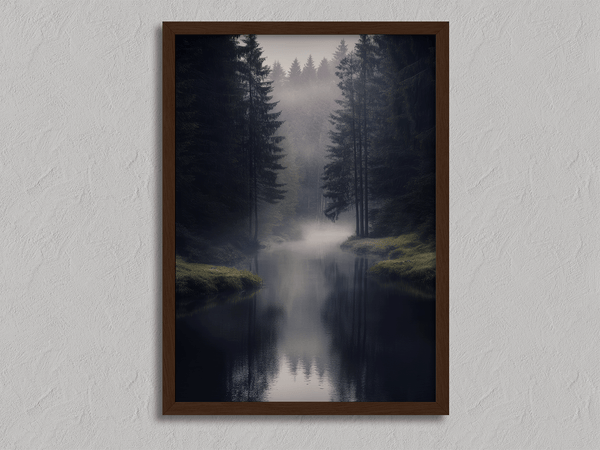Framed wall art of a misty evergreen forest reflected on still waters. A serene, ethereal woodland print. Ready to hang.