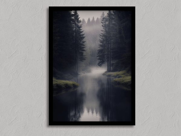 Framed wall art of a misty evergreen forest reflected on still waters. A serene, ethereal woodland print. Ready to hang.