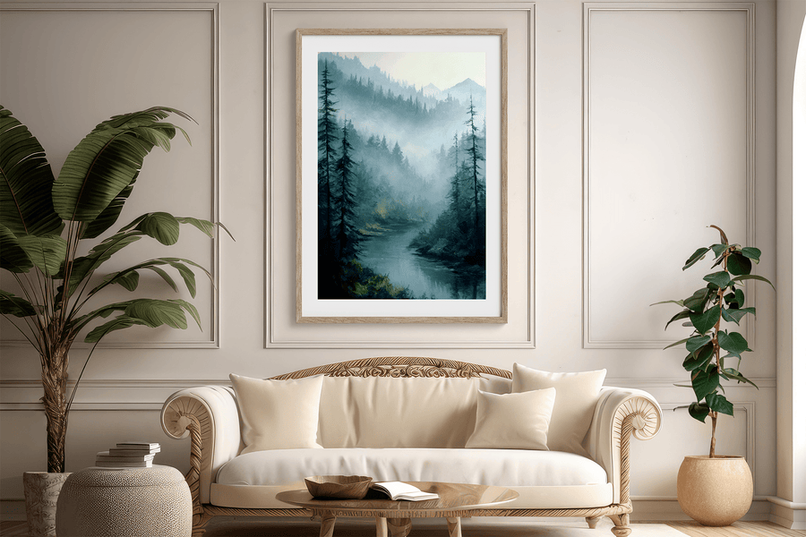 Forest Whisper – Lámina de bosque brumoso para pared