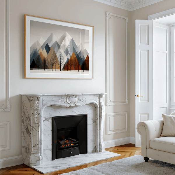 Canvas wall art of snowy mountains and bare trees in soft winter tones. A minimalist, calming winter landscape print. Ready to hang.