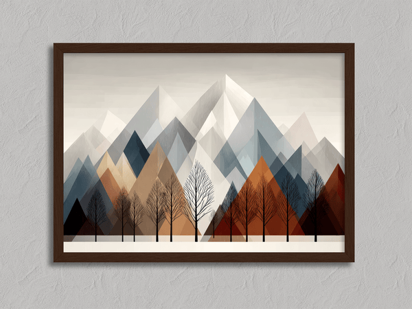 Canvas wall art of snowy mountains and bare trees in soft winter tones. A minimalist, calming winter landscape print. Ready to hang.