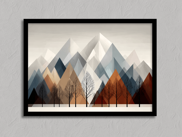 Canvas wall art of snowy mountains and bare trees in soft winter tones. A minimalist, calming winter landscape print. Ready to hang.