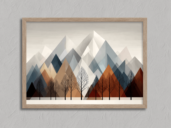 Canvas wall art of snowy mountains and bare trees in soft winter tones. A minimalist, calming winter landscape print. Ready to hang.