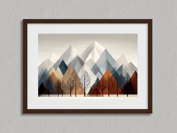 Canvas wall art of snowy mountains and bare trees in soft winter tones. A minimalist, calming winter landscape print. Ready to hang.