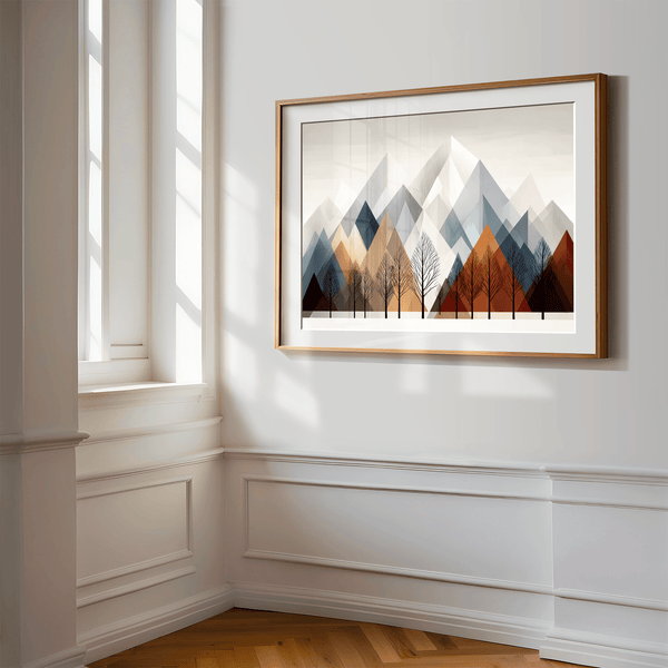 Canvas wall art of snowy mountains and bare trees in soft winter tones. A minimalist, calming winter landscape print. Ready to hang.