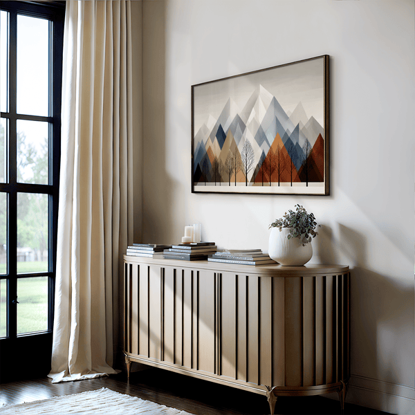 Canvas wall art of snowy mountains and bare trees in soft winter tones. A minimalist, calming winter landscape print. Ready to hang.