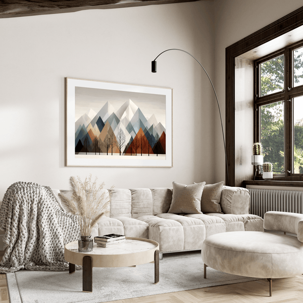 Canvas wall art of snowy mountains and bare trees in soft winter tones. A minimalist, calming winter landscape print. Ready to hang.