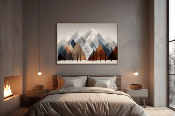 Canvas wall art of snowy mountains and bare trees in soft winter tones. A minimalist, calming winter landscape print. Ready to hang.