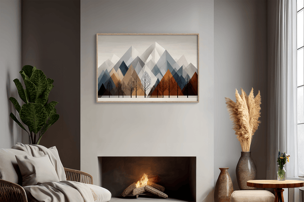 Canvas wall art of snowy mountains and bare trees in soft winter tones. A minimalist, calming winter landscape print. Ready to hang.