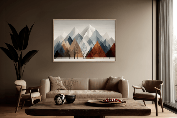 Canvas wall art of snowy mountains and bare trees in soft winter tones. A minimalist, calming winter landscape print. Ready to hang.