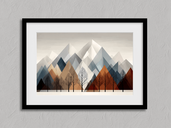 Canvas wall art of snowy mountains and bare trees in soft winter tones. A minimalist, calming winter landscape print. Ready to hang.