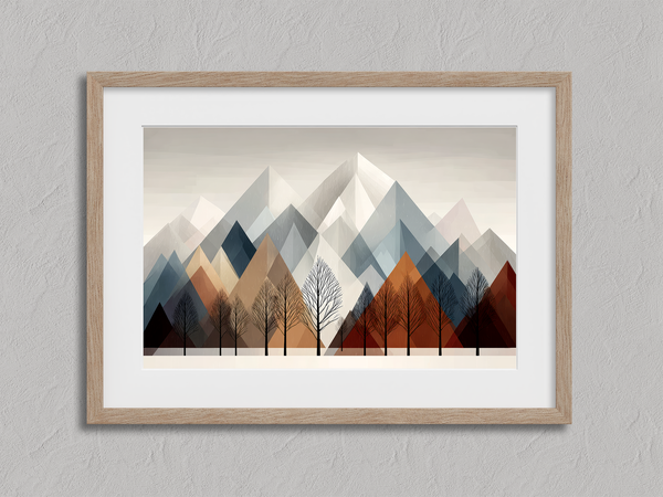 Canvas wall art of snowy mountains and bare trees in soft winter tones. A minimalist, calming winter landscape print. Ready to hang.
