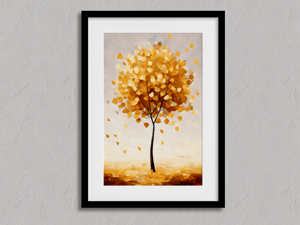 Framed wall art of a golden autumn tree in a minimalist cubist style. Soft, serene, and ready to hang.