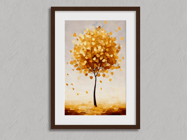 Framed wall art of a golden autumn tree in a minimalist cubist style. Soft, serene, and ready to hang.