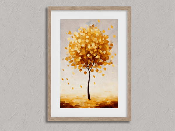 Framed wall art of a golden autumn tree in a minimalist cubist style. Soft, serene, and ready to hang.