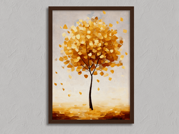 Framed wall art of a golden autumn tree in a minimalist cubist style. Soft, serene, and ready to hang.