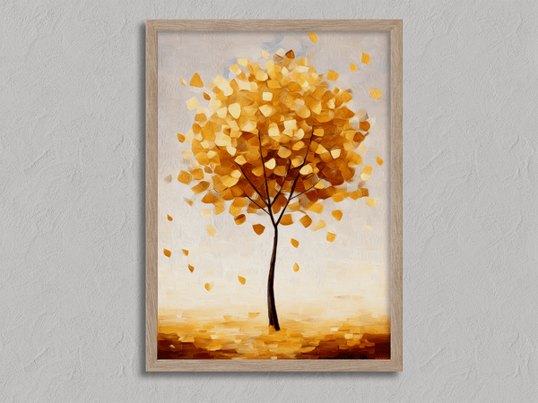 Framed wall art of a golden autumn tree in a minimalist cubist style. Soft, serene, and ready to hang.