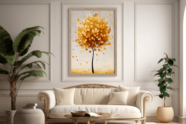 Framed wall art of a golden autumn tree in a minimalist cubist style. Soft, serene, and ready to hang.