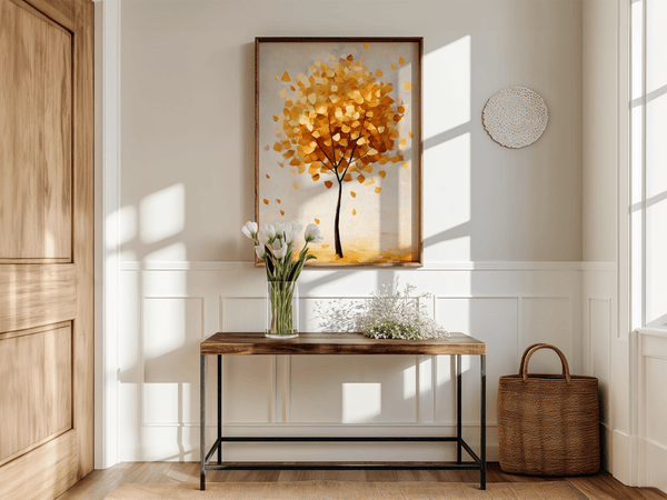 Framed wall art of a golden autumn tree in a minimalist cubist style. Soft, serene, and ready to hang.