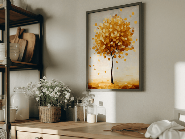 Framed wall art of a golden autumn tree in a minimalist cubist style. Soft, serene, and ready to hang.