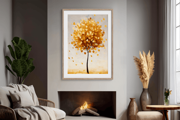 Framed wall art of a golden autumn tree in a minimalist cubist style. Soft, serene, and ready to hang.