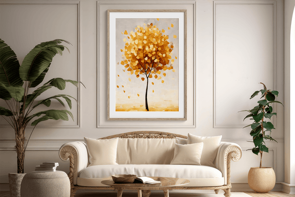 Framed wall art of a golden autumn tree in a minimalist cubist style. Soft, serene, and ready to hang.
