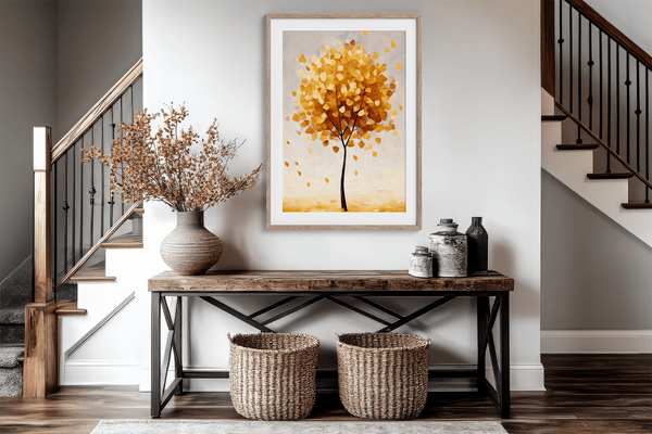 Framed wall art of a golden autumn tree in a minimalist cubist style. Soft, serene, and ready to hang.