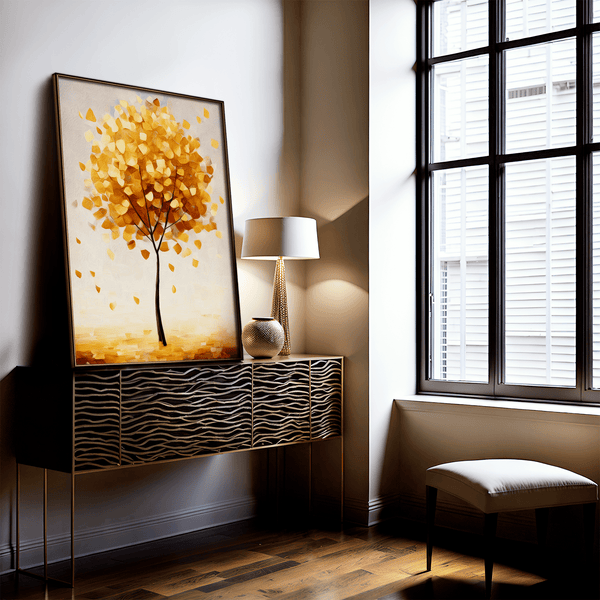Framed wall art of a golden autumn tree in a minimalist cubist style. Soft, serene, and ready to hang.