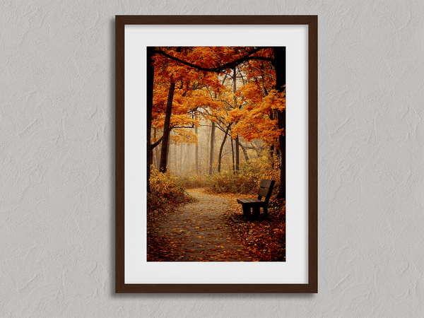 Framed wall art of a golden autumn forest path with light filtering through the trees. A serene woodland print. Ready to hang.