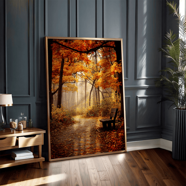Framed wall art of a golden autumn forest path with light filtering through the trees. A serene woodland print. Ready to hang.