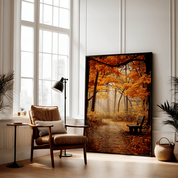 Framed wall art of a golden autumn forest path with light filtering through the trees. A serene woodland print. Ready to hang.