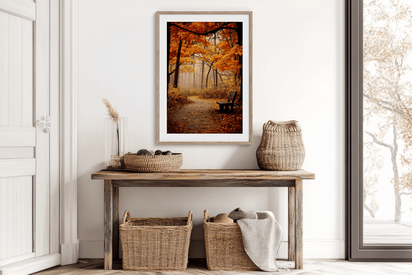Framed wall art of a golden autumn forest path with light filtering through the trees. A serene woodland print. Ready to hang.