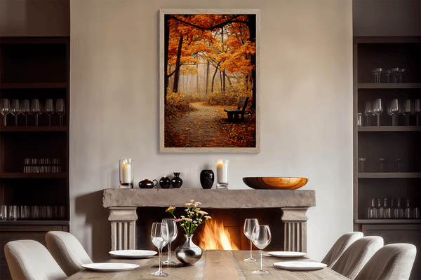 Framed wall art of a golden autumn forest path with light filtering through the trees. A serene woodland print. Ready to hang.