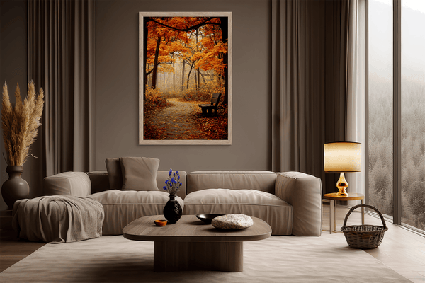 Framed wall art of a golden autumn forest path with light filtering through the trees. A serene woodland print. Ready to hang.