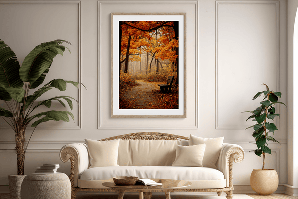 Framed wall art of a golden autumn forest path with light filtering through the trees. A serene woodland print. Ready to hang.