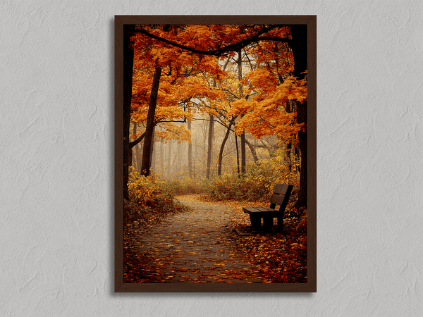 Framed wall art of a golden autumn forest path with light filtering through the trees. A serene woodland print. Ready to hang.