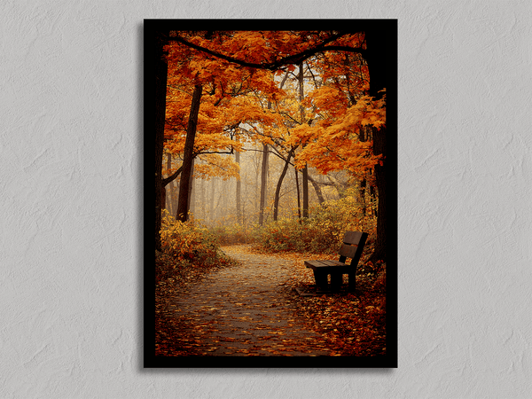 Framed wall art of a golden autumn forest path with light filtering through the trees. A serene woodland print. Ready to hang.