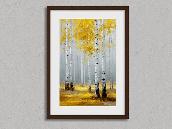 Framed wall art of golden aspen trees in a soft autumn forest. Minimalist and calming. Ready to hang.
