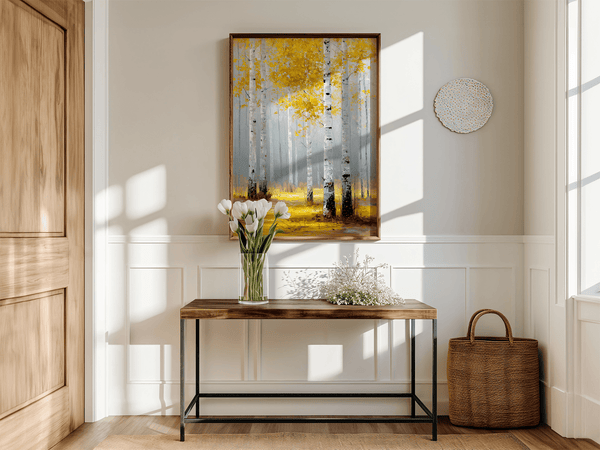 Framed wall art of golden aspen trees in a soft autumn forest. Minimalist and calming. Ready to hang.