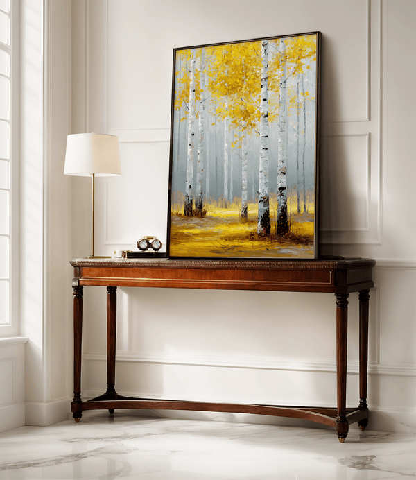 Framed wall art of golden aspen trees in a soft autumn forest. Minimalist and calming. Ready to hang.