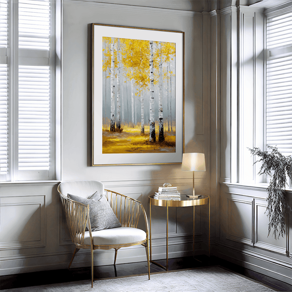 Framed wall art of golden aspen trees in a soft autumn forest. Minimalist and calming. Ready to hang.