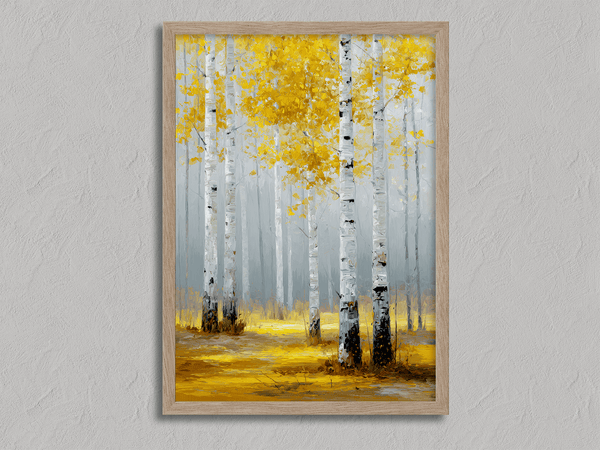 Framed wall art of golden aspen trees in a soft autumn forest. Minimalist and calming. Ready to hang.